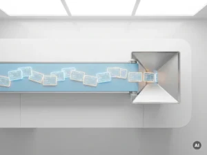 Leuchtende Datenkarten fließen automatisch in einen Sortierhub auf weißem Hintergrund in Blau-, Silber- und Bernsteintönen.