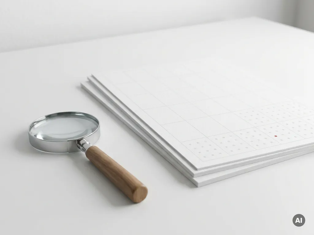 Lupe auf weißem Schreibtisch neben gestapelten Datenblättern mit roter Anomalie, symbolisiert Datenanalyse und Fehlerkennung.