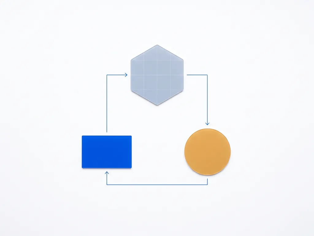 Drei verbundene Dokumentsymbole in geometrischer Dreiecksanordnung, Datenfluss-Visualisierung in Blau und Grau auf weißem Hintergrund.
