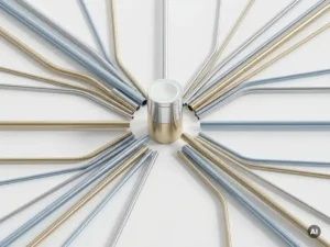 Mehrere metallische Rohre verschiedener Größen münden in einen zentralen Zylinder, symbolisiert Datenaggregation, Draufsicht auf weißem Untergrund.