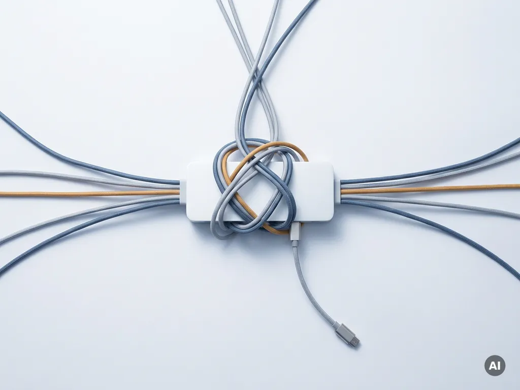 Verwirrtes Datenkabel-Bündel an weißem Server-Hub mit einem herabhängenden, getrennten Kabel in Schieferblau und Grau.
