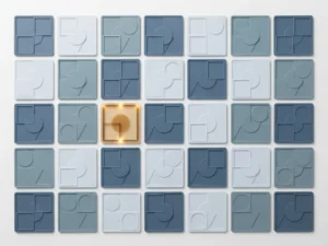 Geometrische Datenkarten in präzisem Rasterlayout, eine Karte in warmem Bernsteinton hervorgehoben, Draufsicht auf weißem Untergrund.