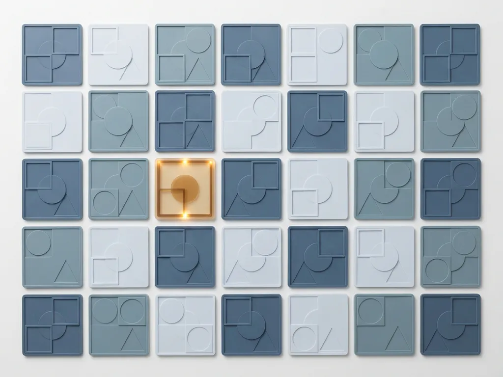 Geometrische Datenkarten in präzisem Rasterlayout, eine Karte in warmem Bernsteinton hervorgehoben, Draufsicht auf weißem Untergrund.