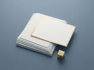 Gestapelte weiße Katalogkarten auf minimalistischer Tischfläche mit goldenem Akzent, von oben fotografiert in kühlem Tageslicht.