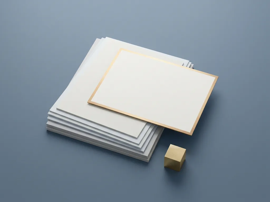 Gestapelte weiße Katalogkarten auf minimalistischer Tischfläche mit goldenem Akzent, von oben fotografiert in kühlem Tageslicht.