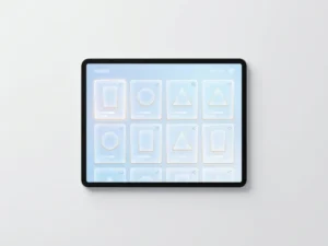 Leuchtender digitaler Produktkatalog in Blau und Weiß mit bernsteinfarbenen Akzenten, geometrische Karten im Grid-Layout, Draufsicht.