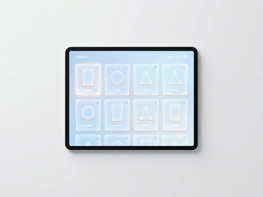 Leuchtender digitaler Produktkatalog in Blau und Weiß mit bernsteinfarbenen Akzenten, geometrische Karten im Grid-Layout, Draufsicht.