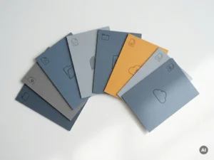Fächerförmig angeordnete Dokumentenkarten in gedämpften Grau-, Blau- und Bernsteintönen auf weißem Untergrund, minimalistisches Flat-Lay.