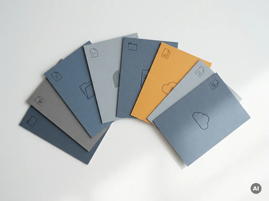 Fächerförmig angeordnete Dokumentenkarten in gedämpften Grau-, Blau- und Bernsteintönen auf weißem Untergrund, minimalistisches Flat-Lay.