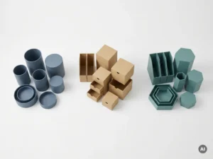 Drei geometrische Ablagesysteme – Zylinder, Würfel und Hexagonalprismen – in Schieferblau, Sandton und Petrol auf weißer Fläche.