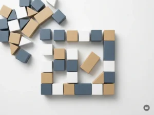 Geometrische Blöcke in Schieferblau und Sandbeige ordnen sich auf weißer Fläche zu einem strukturierten Raster, ein Block leicht versetzt.