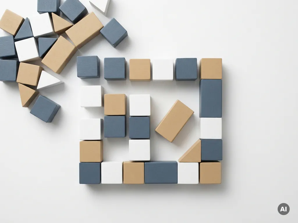 Geometrische Blöcke in Schieferblau und Sandbeige ordnen sich auf weißer Fläche zu einem strukturierten Raster, ein Block leicht versetzt.