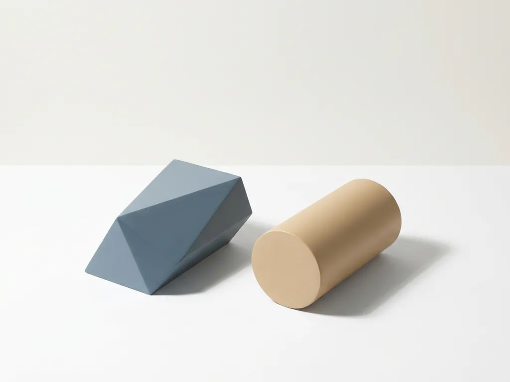 Geometrische Formen aus Prisma und Zylinder in Stahlblau und Sandton symbolisieren strukturierten B2B-Datenaustausch.