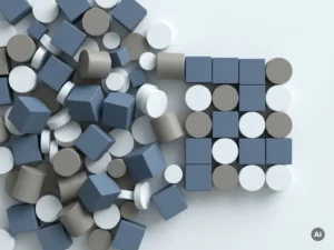 Ungeordnete geometrische Formen aus Würfeln, Zylindern und Scheiben konvergieren zu einem strukturierten Raster auf weißer Fläche.