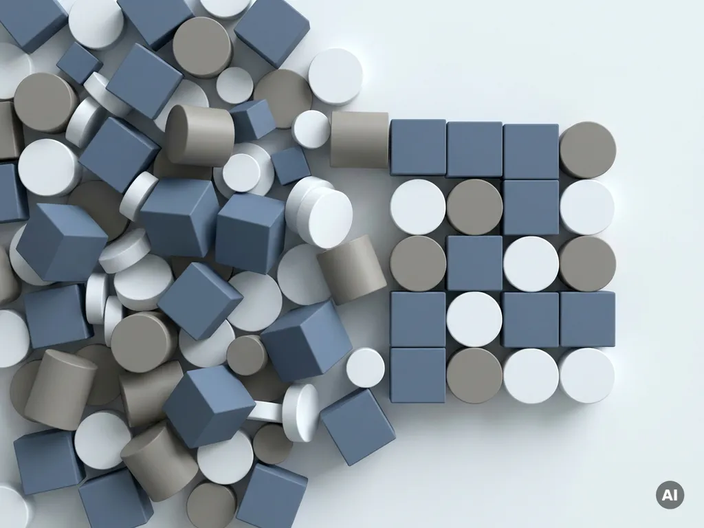 Ungeordnete geometrische Formen aus Würfeln, Zylindern und Scheiben konvergieren zu einem strukturierten Raster auf weißer Fläche.