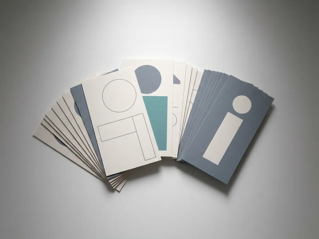Geometrische Karten in minimalistischer Fächeranordnung auf weißer Fläche, einzelne Karten hervorgehoben in Teal-Akzent und Schiefergrau.