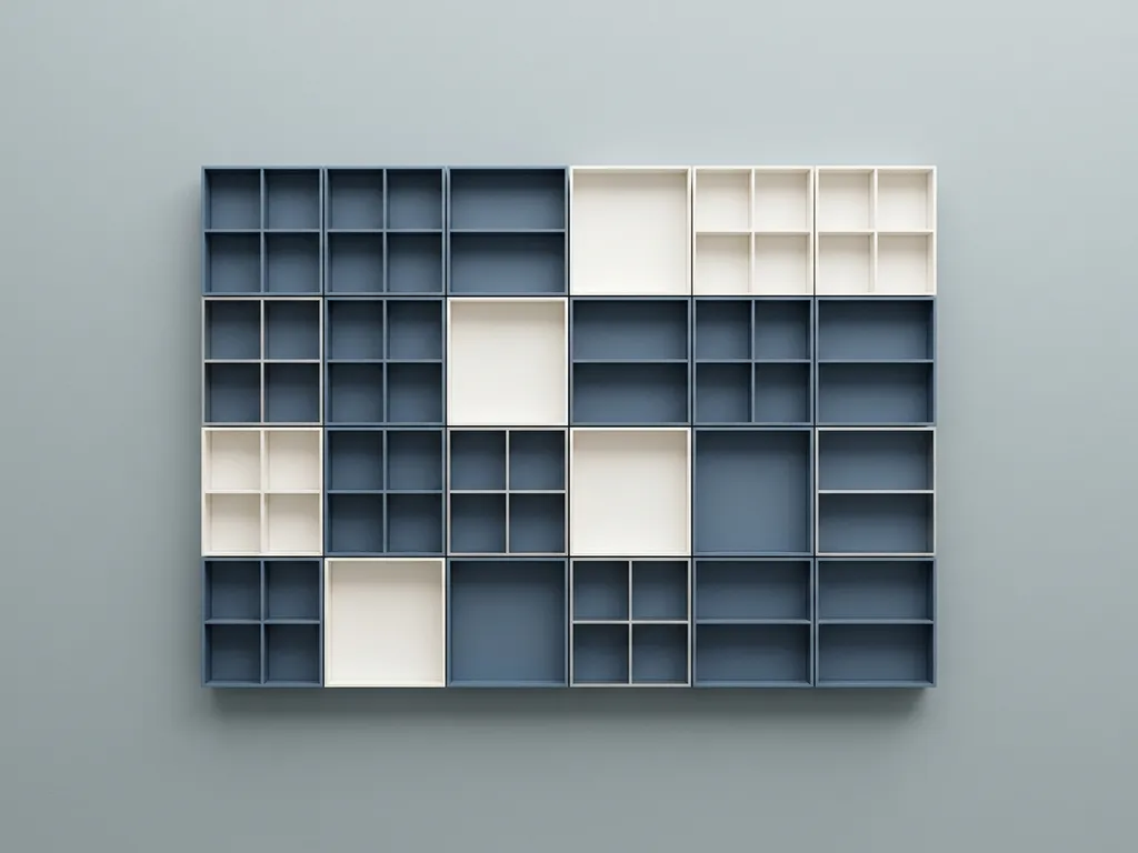 Hierarchisches Taxonomie-Diagramm aus verschachtelten Quadraten und Rechtecken in Schieferblau und Weiß mit minimalistischem Design.