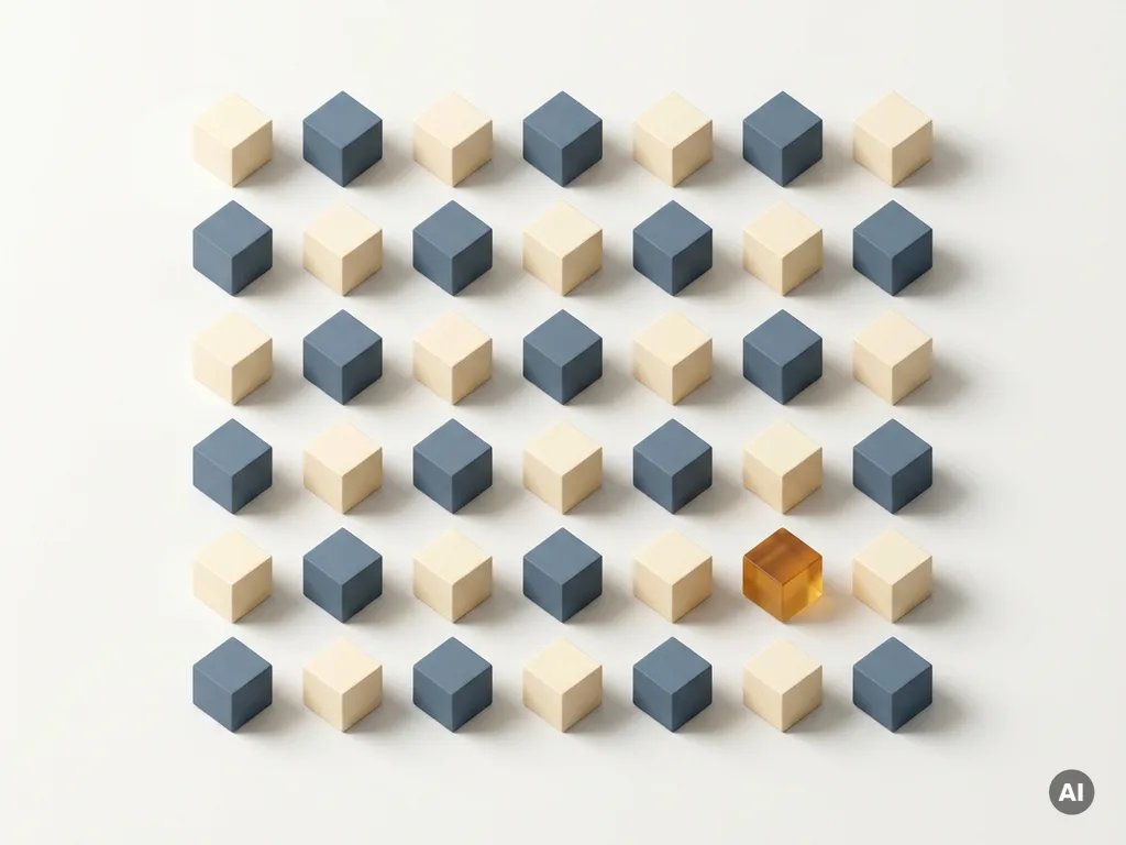 Geometrische Würfel in gleichmäßigem Raster auf weißer Fläche, in Elfenbein, Schieferblau und Bernstein, minimalistisches Flat-Lay-Studiofoto.