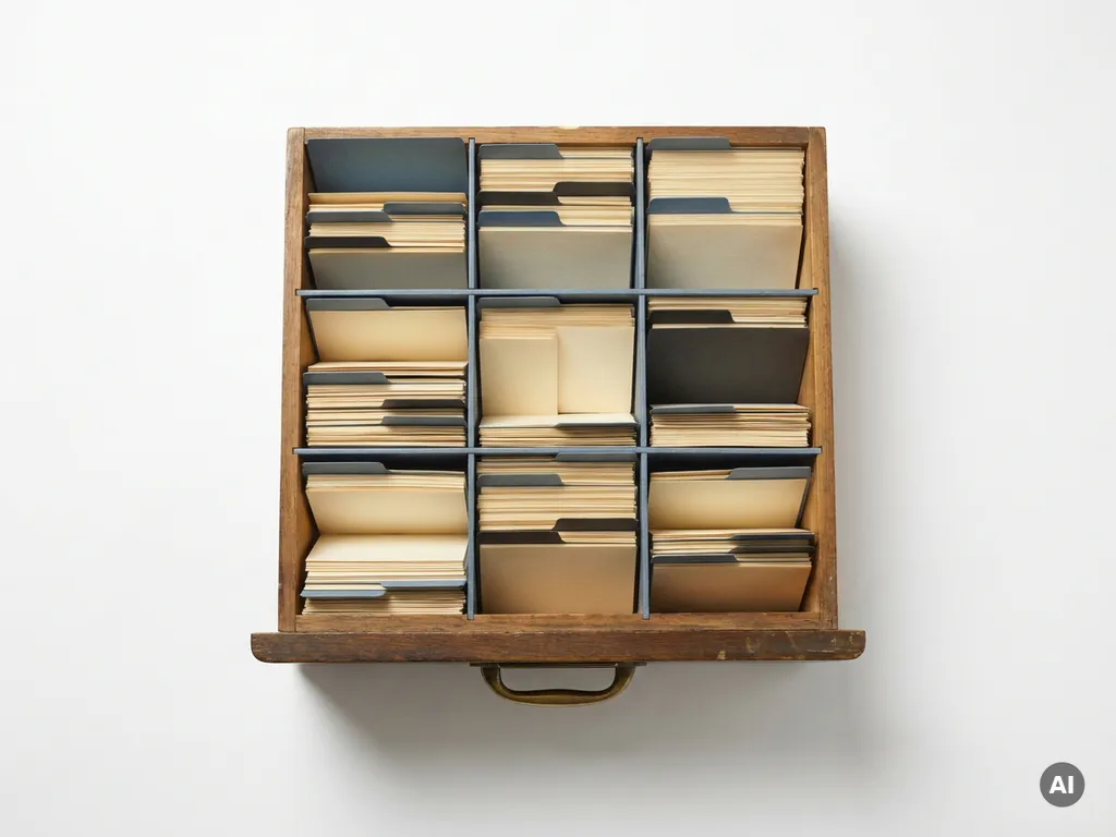 Geöffnete Holzbibliotheksschublade mit sortierten Karteikarten in geometrischer Anordnung, Draufsicht auf weißem Hintergrund.