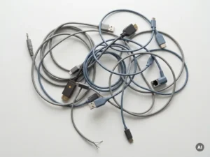 Verschiedene inkompatible Kabel und Stecker auf weißem Untergrund, ein Kabelende unverbunden, Draufsicht im minimalistischen Flat-Lay-Stil.