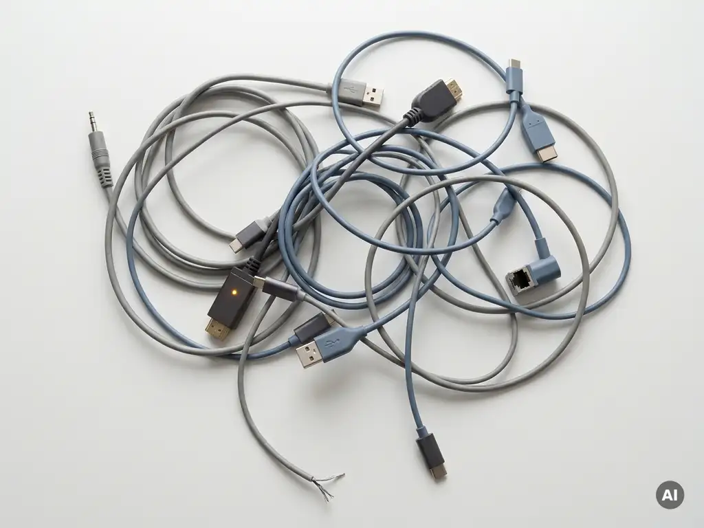 Verschiedene inkompatible Kabel und Stecker auf weißem Untergrund, ein Kabelende unverbunden, Draufsicht im minimalistischen Flat-Lay-Stil.