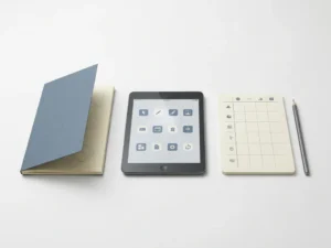 Gedrucktes Katalog-Heft, digitales Tablet und strukturierte Datenkarte nebeneinander auf weißer Fläche in Blau- und Elfenbeinttönen.