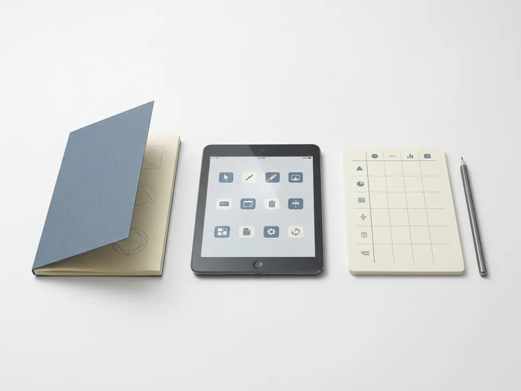Gedrucktes Katalog-Heft, digitales Tablet und strukturierte Datenkarte nebeneinander auf weißer Fläche in Blau- und Elfenbeinttönen.