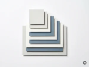 Geometrische Karten in verschiedenen Größen als Flat-Lay auf weißem Untergrund, strukturiert gestapelt in Grau-, Weiß- und Stahlblautönen.