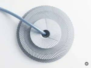 Gestapelte Katalogordner mit einem Pipeline-Konnektor in Stahlblau und Weiß, minimalistisches Flat-Lay-Design.