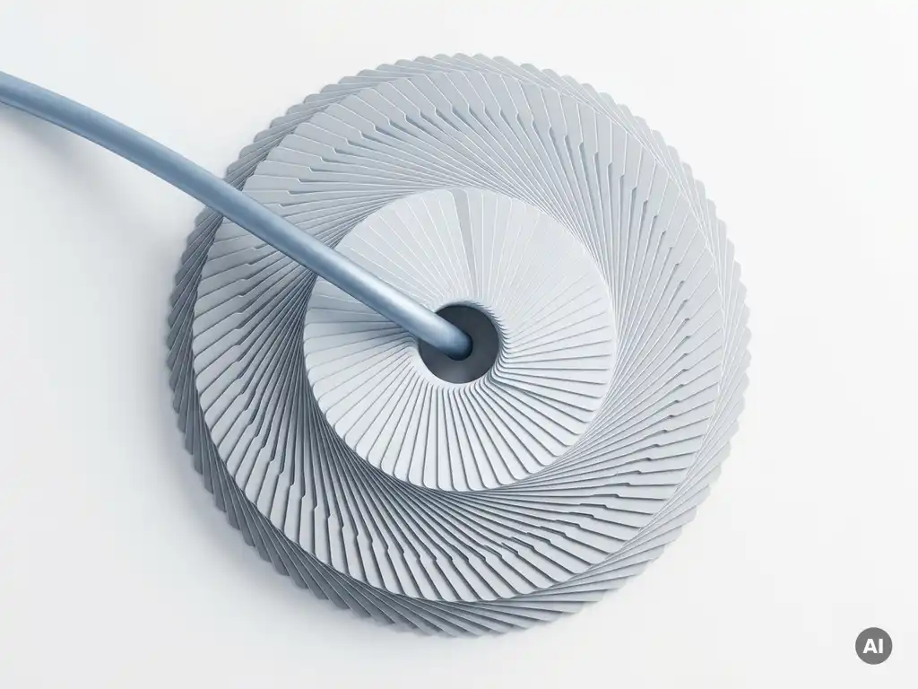 Gestapelte Katalogordner mit einem Pipeline-Konnektor in Stahlblau und Weiß, minimalistisches Flat-Lay-Design.