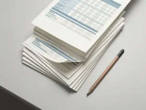 Weiße Katalogblätter mit Produktdaten fächerförmig auf grauem Schreibtisch, Bleistift diagonal darüber, Flat-Lay-Aufnahme.