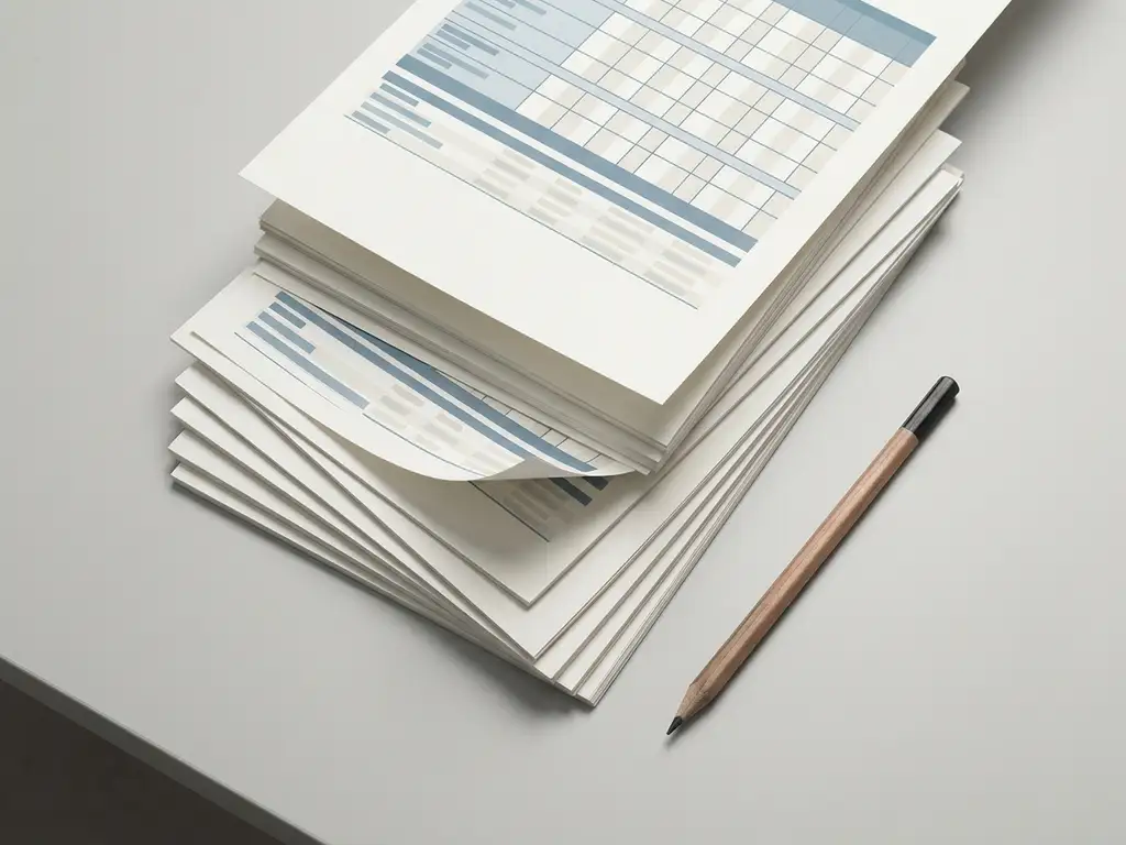 Weiße Katalogblätter mit Produktdaten fächerförmig auf grauem Schreibtisch, Bleistift diagonal darüber, Flat-Lay-Aufnahme.