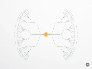 Minimalistisches Baumdiagramm mit geometrischen Knoten in Schieferblau und Bernstein, zentraler leuchtender Pivotpunkt, Draufsicht auf weißem Hintergrund.