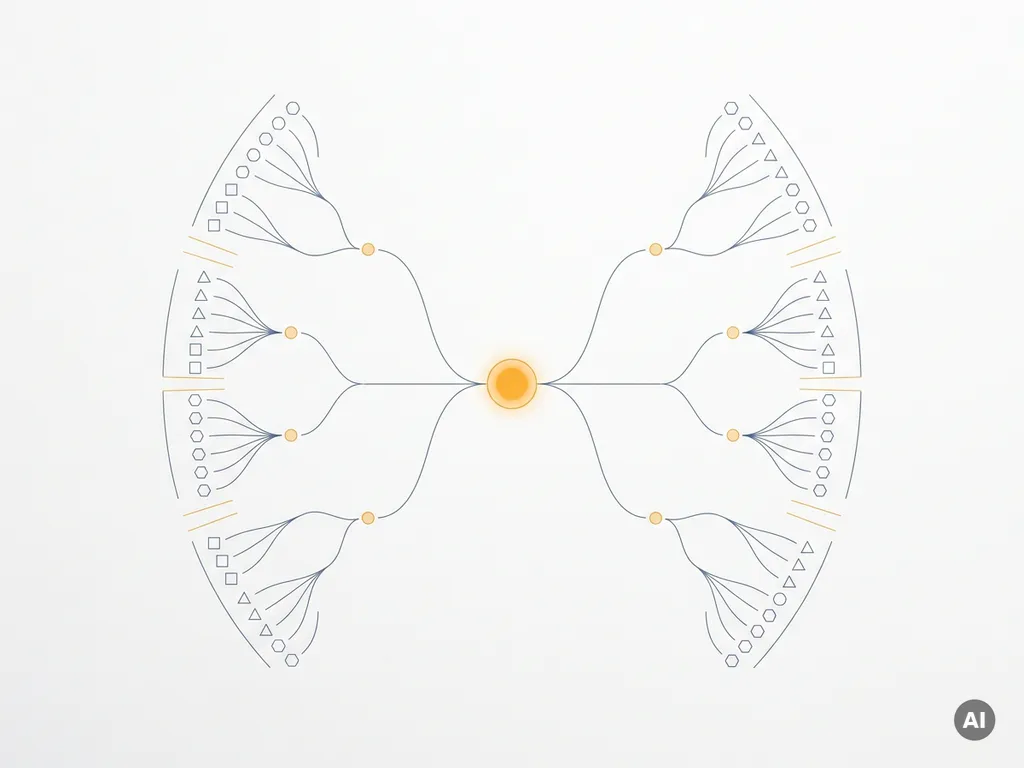 Minimalistisches Baumdiagramm mit geometrischen Knoten in Schieferblau und Bernstein, zentraler leuchtender Pivotpunkt, Draufsicht auf weißem Hintergrund.