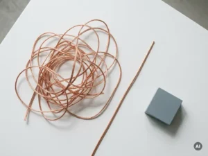 Entwirtes Kupferkabel neben einem Knäuel verschlungener Drähte auf weißem Untergrund, Draufsicht, minimalistisch.