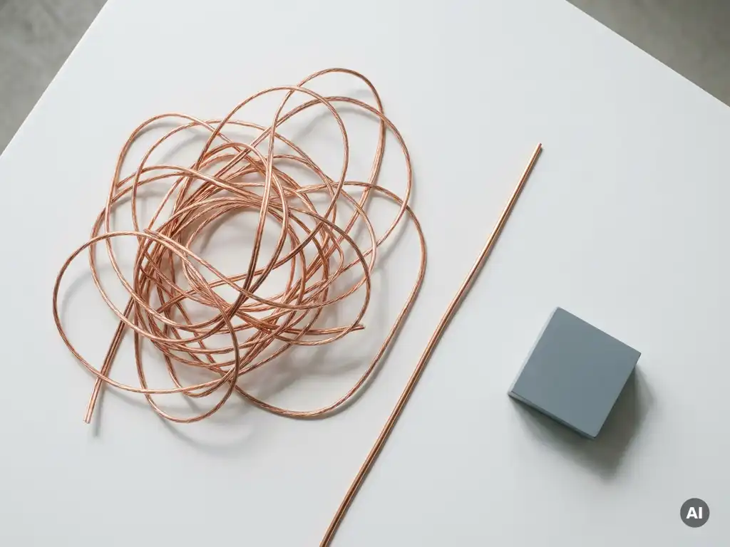 Entwirtes Kupferkabel neben einem Knäuel verschlungener Drähte auf weißem Untergrund, Draufsicht, minimalistisch.