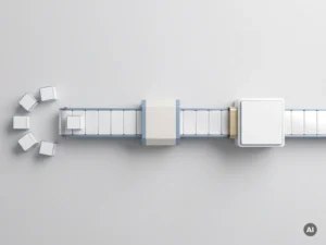 Weißes Förderband verbindet mehrere Lieferantenboxen mit einem zentralen Hub in minimalistischer geometrischer Draufsicht.