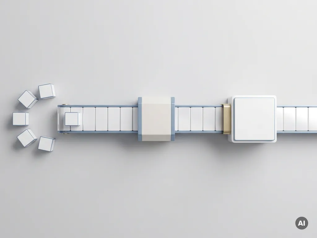 Weißes Förderband verbindet mehrere Lieferantenboxen mit einem zentralen Hub in minimalistischer geometrischer Draufsicht.