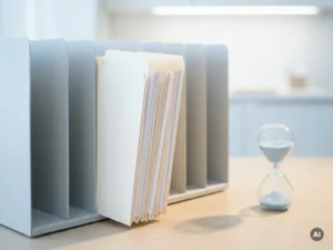 Weißer Ordnerstapel wird in hellgraues Ablagesystem eingeordnet, daneben eine kleine Sanduhr auf modernem Schreibtisch.