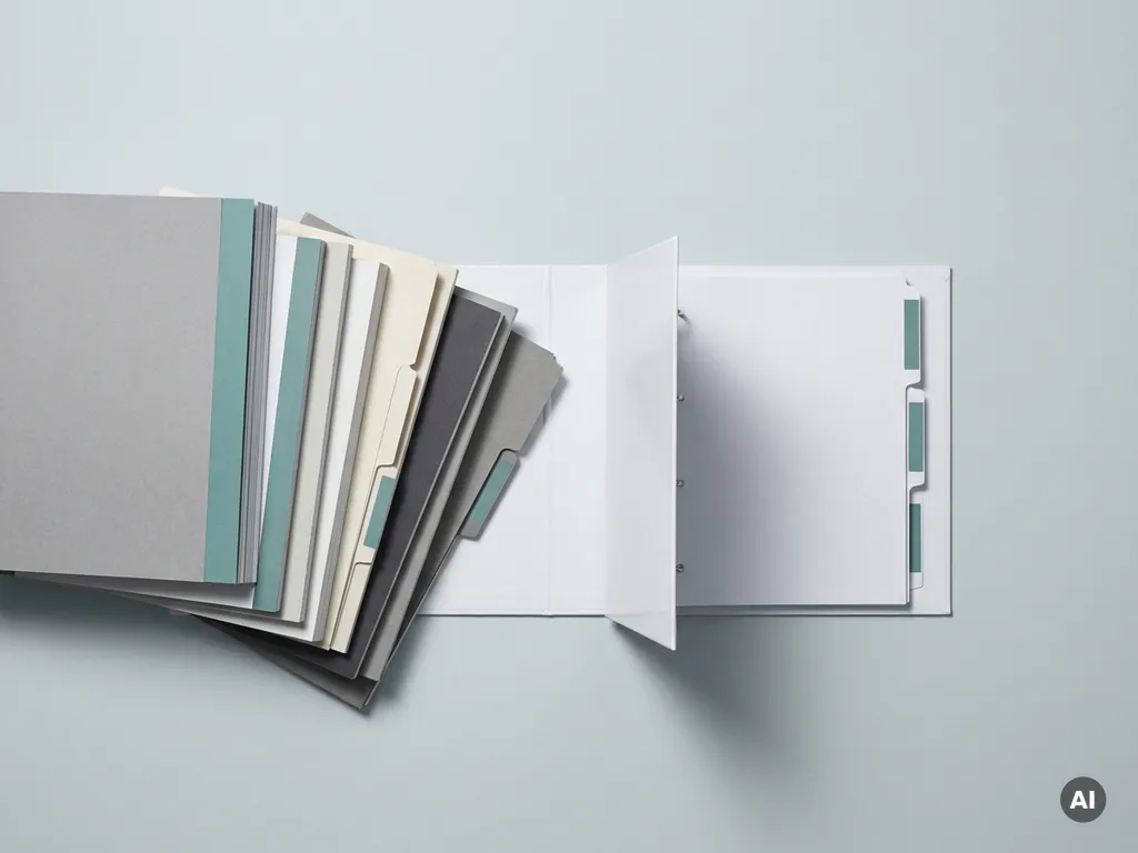 Verschiedene Lieferantenkataloge und Datenordner, die in einem schlanken weißen Ordner auf einem minimalistischen Schreibtisch zusammengeführt werden.