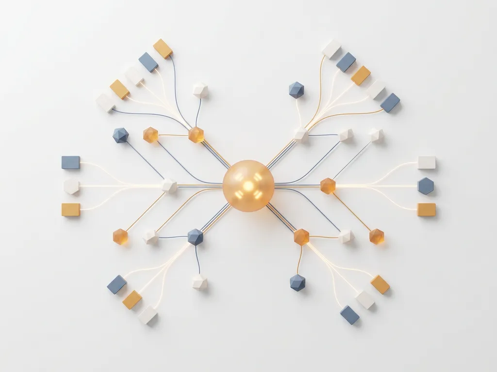 Geometrisches Netzwerkdiagramm mit leuchtendem Mittelpunkt und verbundenen Knoten symbolisiert strukturierten Datenfluss in der Lieferkette.