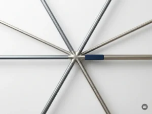 Polierter Metallhub mit geometrischen Verbindungsstäben, die in einem zentralen Punkt zusammenlaufen, auf weißem Untergrund.