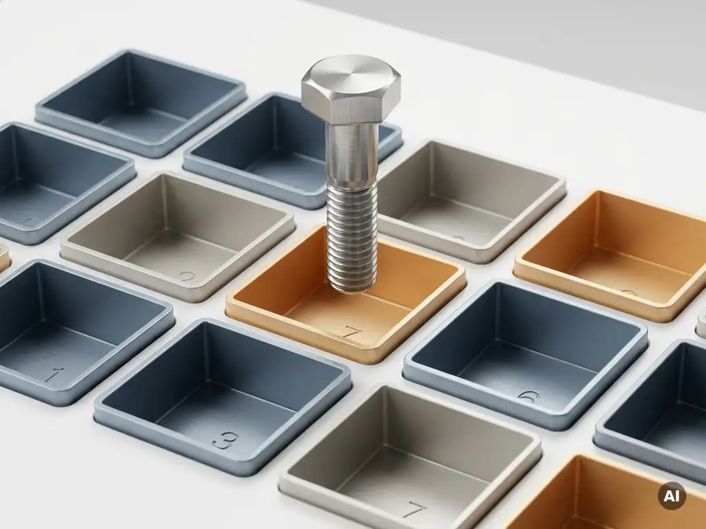 Metallschraube schwebt über einem Raster beschrifteter Fächer in Blau-, Grau- und Bernsteintönen, bereit in den passenden Slot einzugleiten.
