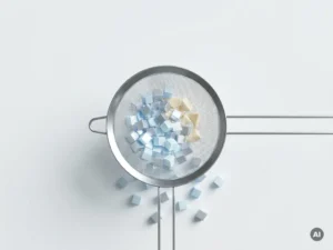 Metallsieb filtert gleichmäßige Datenwürfel aus blauem Strom, unregelmäßige Formen im Netz gefangen, minimalistische Draufsicht.