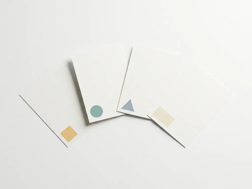 Vier minimalistisch gestaltete Dokumente in sanften Farben – Bernstein, Türkis, Schiefer und Elfenbein – fächerförmig auf weißem Untergrund arrangiert.