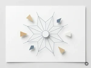 Geometrische Linien aus Schiefer-Blau und Sandtönen konvergieren in einem zentralen Knotenpunkt auf weißem Untergrund.