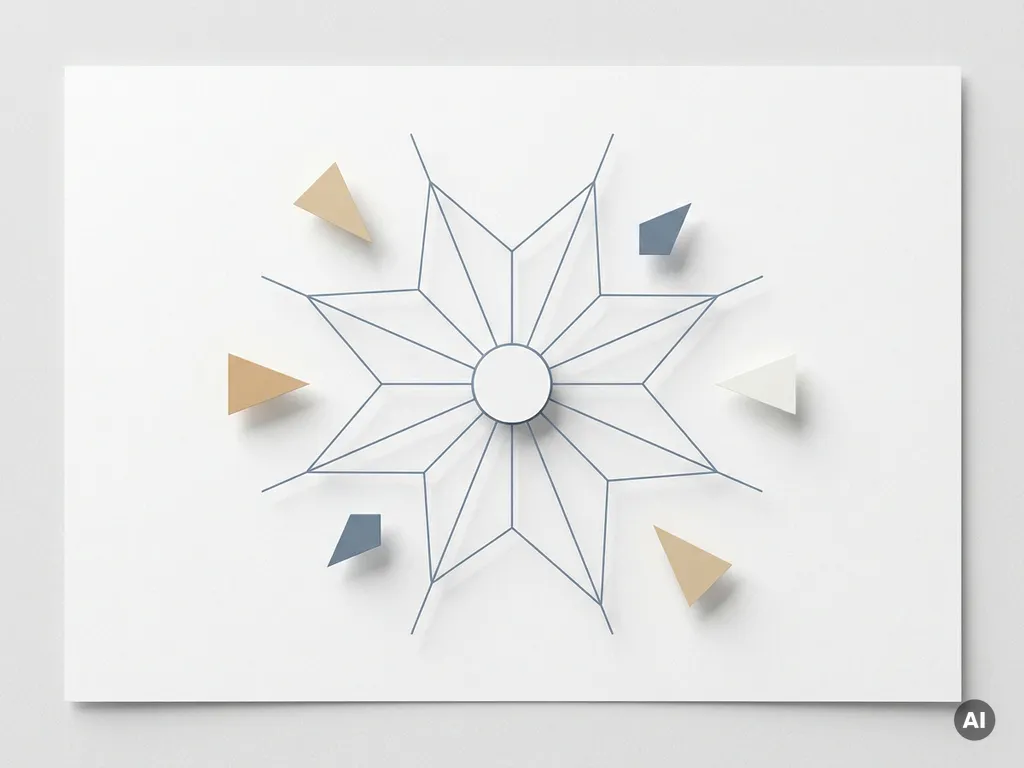 Geometrische Linien aus Schiefer-Blau und Sandtönen konvergieren in einem zentralen Knotenpunkt auf weißem Untergrund.