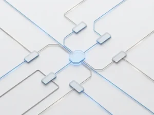 Geometrisches Netzwerkdiagramm mit verbundenen Knoten in Arktikblau und Silber auf weißem Hintergrund, zentraler Knotenpunkt hervorgehoben.