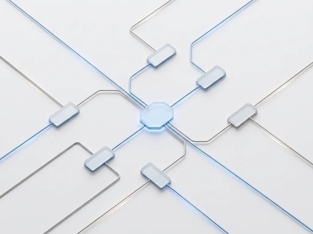 Geometrisches Netzwerkdiagramm mit verbundenen Knoten in Arktikblau und Silber auf weißem Hintergrund, zentraler Knotenpunkt hervorgehoben.