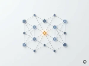 Geometrisches Netzwerk aus silbernen Verbindungslinien mit leuchtendem Bernstein-Knoten und schieferblauen Knotenpunkten auf weißem Hintergrund.